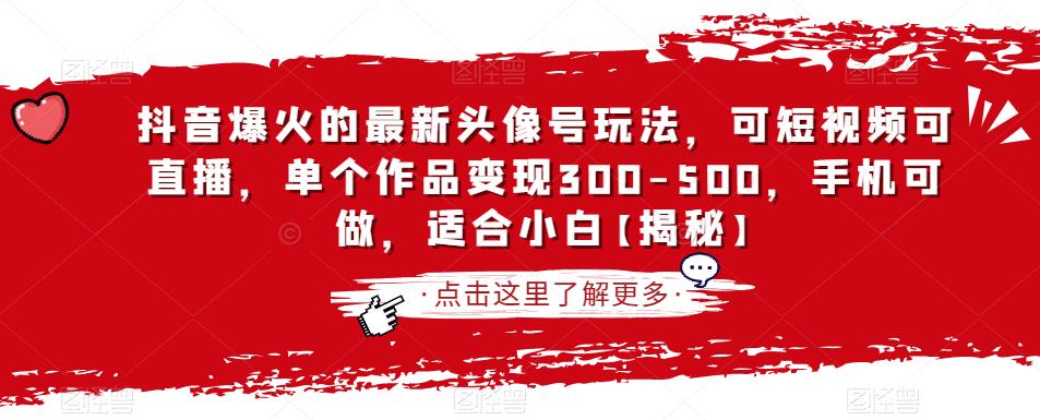 抖音爆火的最新头像号玩法，可短视频可直播，单个作品变现300-500，手机可做，适合小白【揭秘】-甬战资源库
