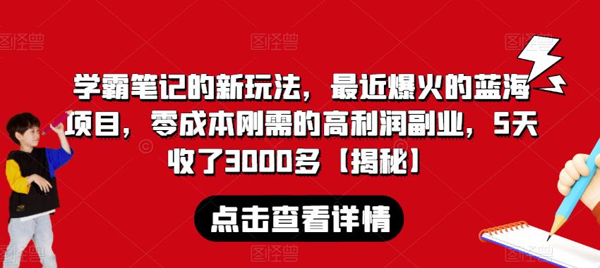学霸笔记的新玩法，最近爆火的蓝海项目，零成本刚需的高利润副业，5天收了3000多【揭秘】-甬战资源库