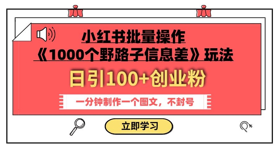 小红书批量操作《1000个野路子信息差》玩法，一分钟制作一个图文，不封号，日引100+创业粉-甬战资源库