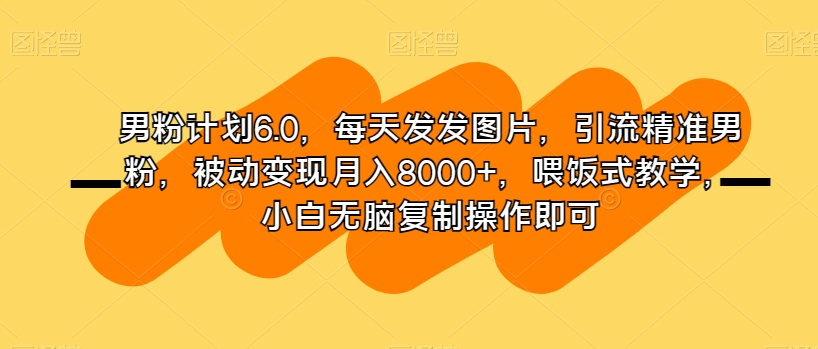 男粉计划6.0，每天发发图片，引流精准男粉，被动变现月入8000+，喂饭式教学，小白无脑复制操作即可-甬战资源库