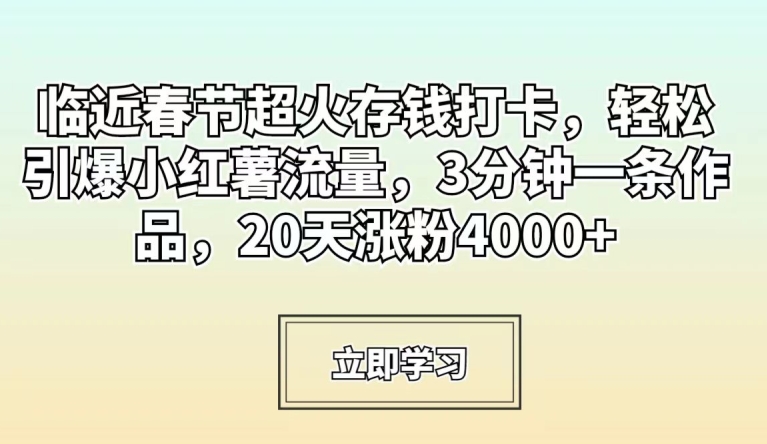 临近春节超火存钱打卡，轻松引爆小红薯流量，3分钟一条作品，20天涨粉4000+【揭秘】-甬战资源库