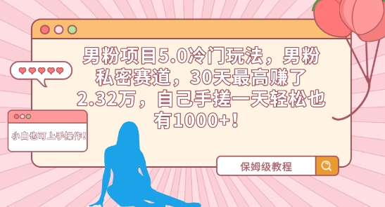 男粉项目5.0冷门玩法，男粉私密赛道，30天最高赚了2.32万，自己手搓一天轻松也有1000+【揭秘】-甬战资源库