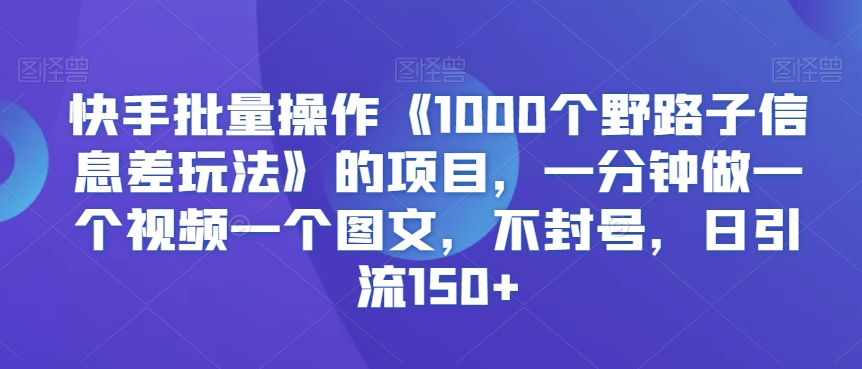 快手批量操作《1000个野路子信息差玩法》的项目，一分钟做一个视频一个图文，不封号，日引流150+【揭秘】-甬战资源库