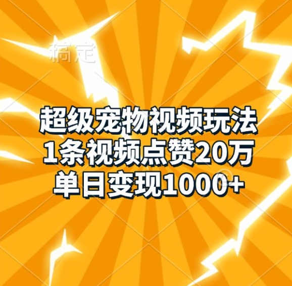 超级宠物视频玩法，1条视频点赞20万，单日变现1k-甬战资源库