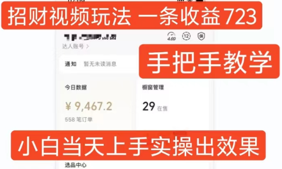 招财视频玩法，一条视频收益723，手把手教学，小白当天可上手-甬战资源库