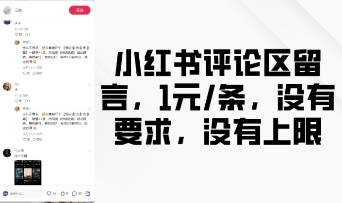 小红书评论区留言，1元条，没有要求，没有上限-甬战资源库