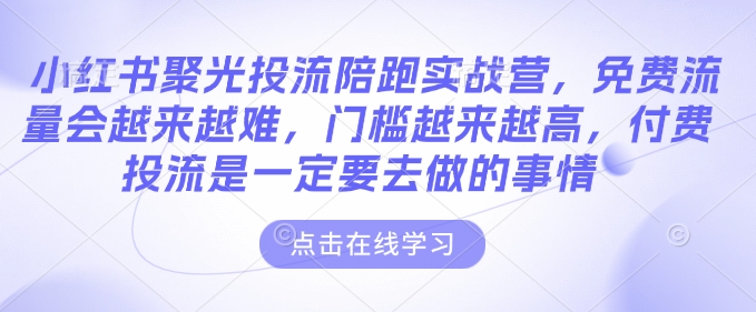 小红书聚光投流陪跑实战营，免费流量会越来越难，门槛越来越高，付费投流是一定要去做的事情-甬战资源库
