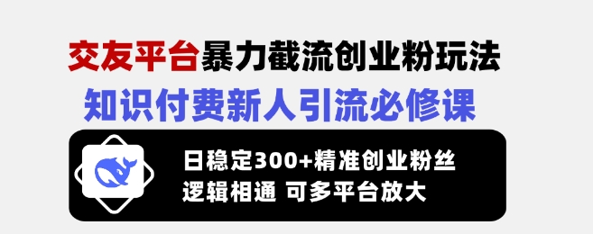 交友平台暴力截流创业粉玩法，知识付费新人引流必修课，日稳定300+精准创业粉丝，逻辑相通可多平台放大-甬战资源库