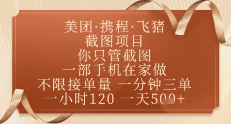 飞猪美团截图项目，你只管截图，一部手机在家做，正规平台无套路，一天5张+【揭秘】-甬战资源库