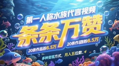 第一人称水族代言视频，条条万赞，20条作品涨粉7.8W，多种变现方式月入五位数-甬战资源库