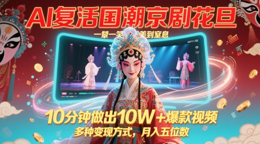 AI复活国潮京剧花旦，一颦一笑美到窒息，10分钟做出10W+爆款视频，多种变现方式，月入五位数-甬战资源库