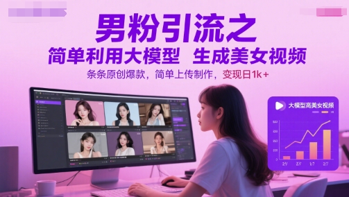 男粉引流之简单利用大模型生成美女视频，条条原创爆款，简单上传制作，变现日1k+-甬战资源库