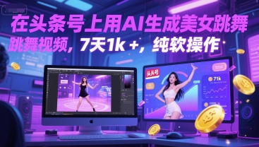 在头条号上用AI生成美女跳舞视频，7天1k+，纯软件操作-甬战资源库