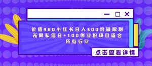 价值980小红书日入300突破限制无限私信日+100创业粉项目适合所有行业-甬战资源库