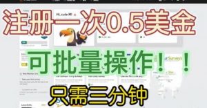 国外项目注册一次0.5美金，只需三分钟无脑操作，可批量同时放大操作，小白工作室福利【揭秘】-甬战资源库
