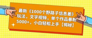 最新《1000个野路子信息差》玩法,文字视频,单个作品暴粉5000+,小白轻松上手【揭秘】-甬战资源库