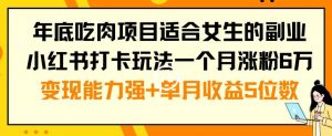 年底吃肉项目适合女生的副业小红书打卡玩法一个月涨粉6万+变现能力强+单月收益5位数【揭秘】-甬战资源库