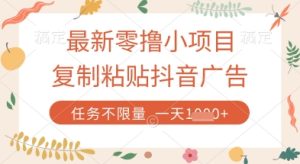 最新零撸小项目,复制粘贴抖音广告即可挣钱,平台大水,任务不限量,一天数张【揭秘】-甬战资源库